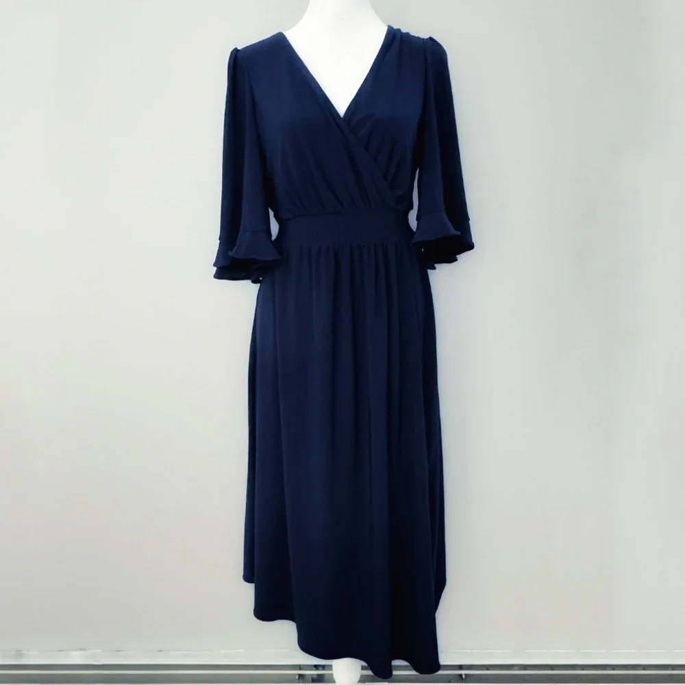 Eliza J Faux Wrap Dress Flutter Sleeve Elastic Waist V-Neck Surplice Bodice 10